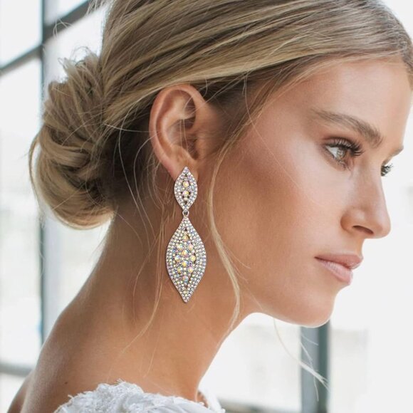 Women's Rhinestone Crystal Wedding Bridal 2 Leaf Drop Dangle Chandelier Earrings - Picture 3 of 5